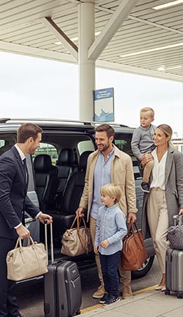 Cars Executive Chauffeur helping a family with luggage into a spacious MPV for an airport transfer.