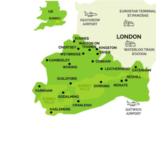 Map of Cars Executive taxi service coverage area, including Reigate, Redhill, and Gatwick